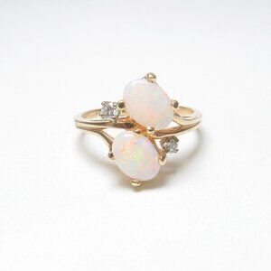 14K Yellow Gold Natural Oval Colorful Opal And Diamond Ring 0.90 Cts Sz 6 3/4